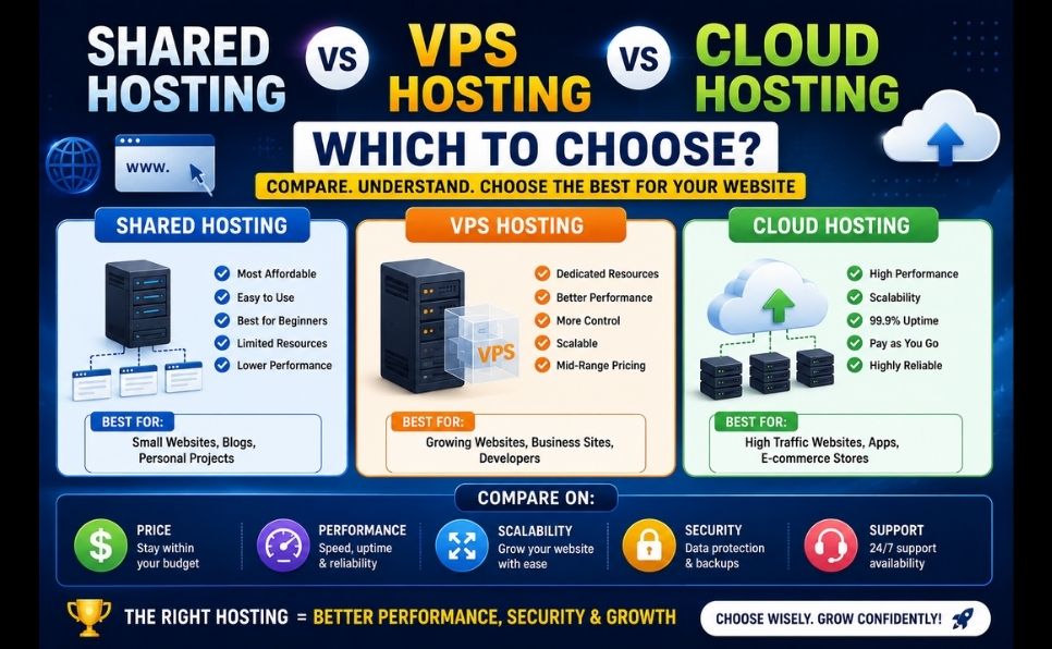 Shared Hosting vs VPS vs Cloud Hosting Which to Choose